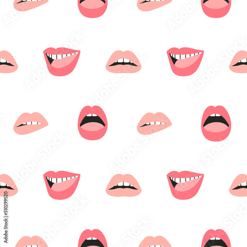 Seamless pattern with pink lips, different emotions. Smile, opened mouth with white teeth, tongue. Make up and beauty concept int trendy colors. Vector illustration isolated on white background.