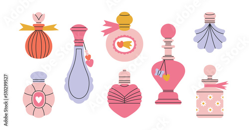 Set with cute illustrations of perfume bottles, toilet water or potions.
Cosmetics and magic concept. Icons for typographic and social media design. Hand drawn vector illustrations in trendy colors.
