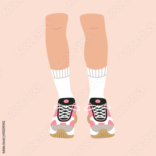 Poster with a pair of legs in sport shoes, sneakers. Foot, feet. Cool design. Stylish footwear. Fashion and lifestyle. Hand drawn vector illustration in trendy colors. Flat design