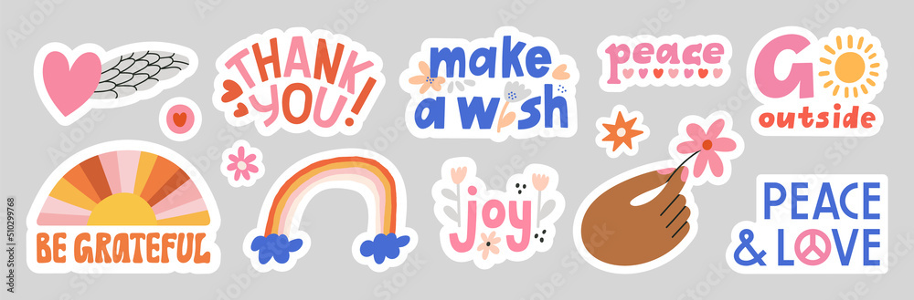 Big set of stickers with kindness, love and support motifs. Includes phrases and illustrations. Love, Gratitude, Peace concept.Cute vector illustrations isolated on grey background. Made with love. Big set of stickers with kindness, love and support motifs. Includes phrases and illustrations. Love, Gratitude, Peace concept.Cute vector illustrations isolated on grey background. Made with love.