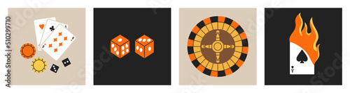 Set of posters with playing cards, roulette, chips, tokens and dice. Gambling, betting and casino concept.
Hand drawn vector illustrations in trendy colors. Flat design.