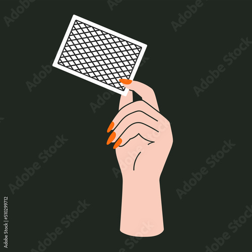 Poster with woman's hand holding playing cards.
Gambling, betting, casino and poker concept. Cool design.
Hand drawn vector illustration in trendy colors. Colorful flat design.