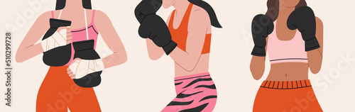 Set of illustrations with girls boxers in sportswear, with gloves. 
Training, boxing, wrestling, defense. Cool sport illustration in modern colors. Banner, poster etc.
Hand drawn vector illustration