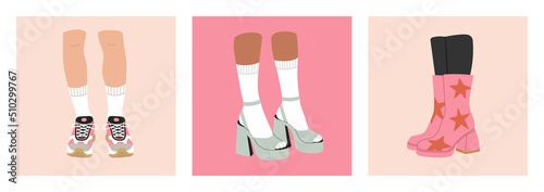 Set of posters with women's legs in boots, high heeled shoes, sandals, sneakers. 
Foot, feet. Stylish footwear for sport, parties etc. Fashion and lifestyle. Hand drawn vector illustration. 