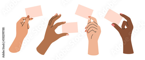 Set of posters with women's hands holding a business card. Template with blank sheet of paper for your information. Cool colorful design. Hand drawn vector illustrations isolated on white background.