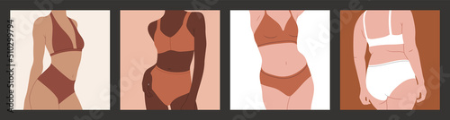 Set of posters with womaen in underwear. Body positive and self love, self care concept.
Stylish lingerie. Fashion accessories. Hand drawn vector illustration in trendy colors. Flat design.