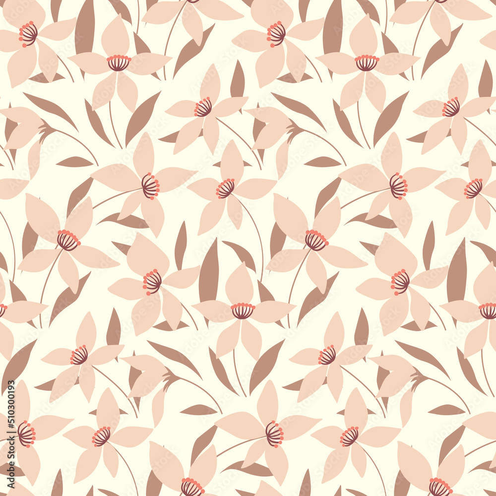 Seamless floral pattern with delicate botanical composition on a white background. Romantic floral print with flowers, leaves in pastel colors. Vector illustration.