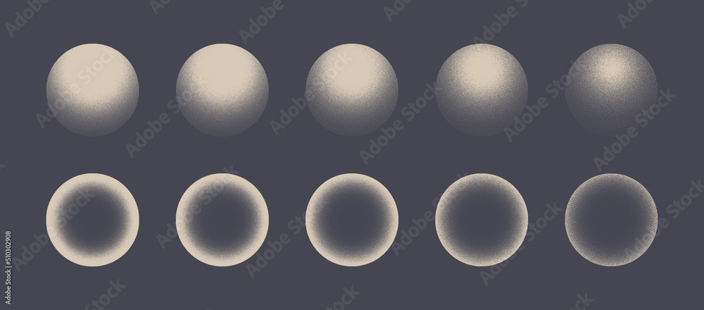 Various Degree Noise Grainy Textured Sphere Forms Vector Trendy Abstract Graphic Background In Vintage Colours. Different Handdrawn Light Shadow 3D Ball Figures Isolate Design Elements Collection