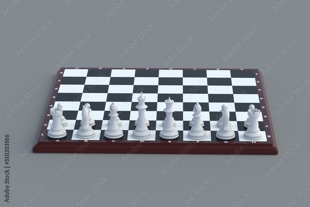 Set of white chess figures on chess board on gray background. Table games. International tournament. Hobby and leisure. 3d render Set of white chess figures on chess board on gray background. Table games. International tournament. Hobby and leisure. 3d render