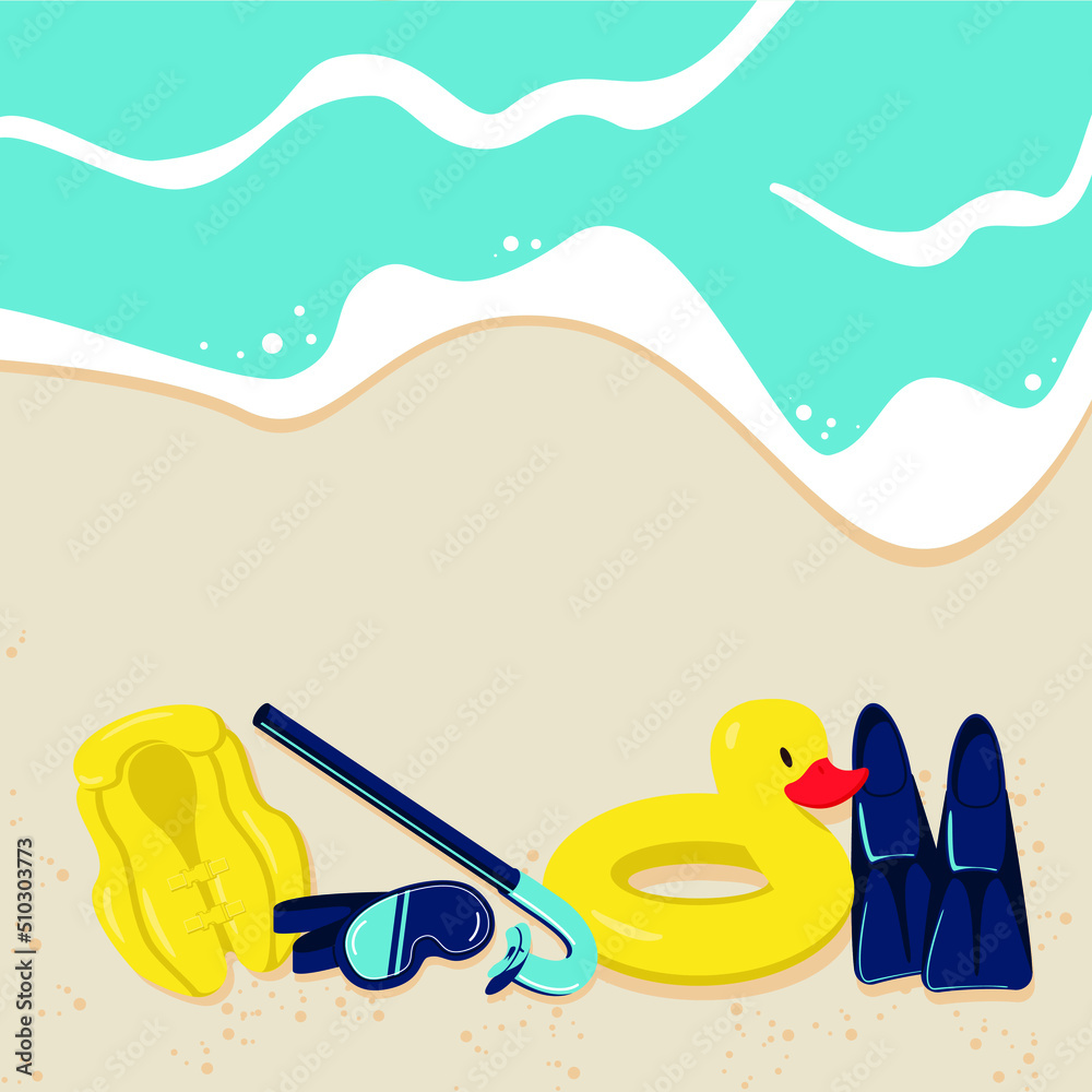 vector illustration on a summer theme depicting swimming equipment: a children's vest, mask, fins and a swim ring. Background for different use