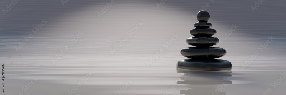 Balance stone, Zen pebbles stack on water, copy space. Spa wellness, yoga meditation. 3d render Balance stone, Zen pebbles stack on water, copy space. Spa wellness, yoga meditation. 3d render