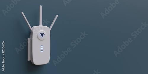 WiFi extender, wireless repeater isolated on blue wall. Internet booster, white, close up. 3d render photo