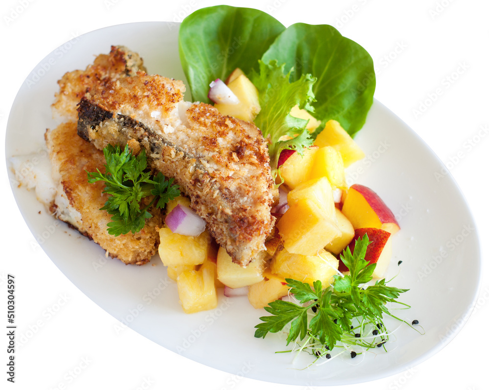 Crusted cod with peach and pineapple salsa Crusted cod with peach and pineapple salsa