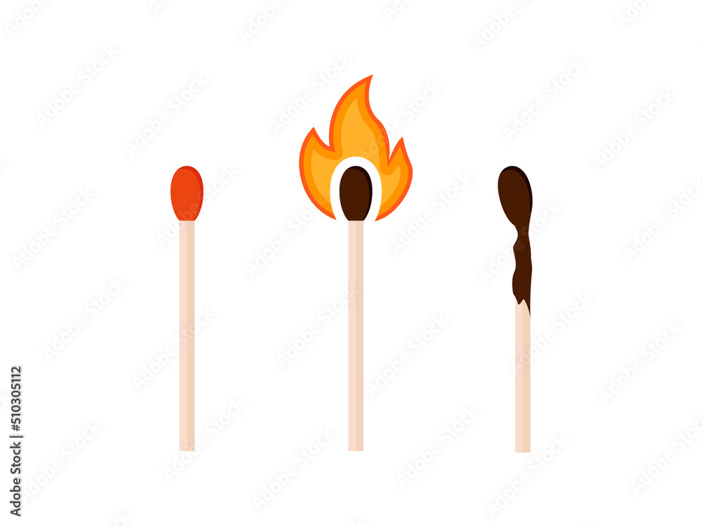 vector icon match set. Image match, fire match, burnt match