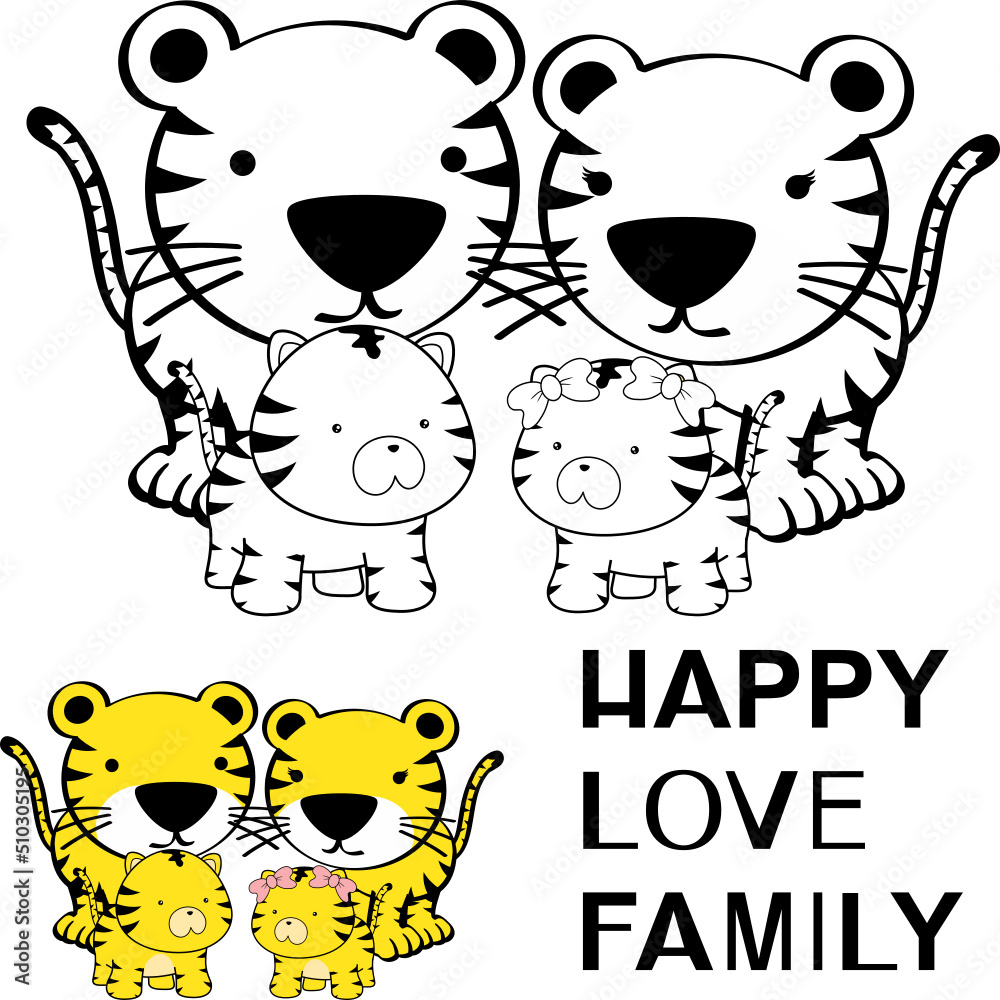 cute happy tigers family cartoon. to color illustration vector Stock ...