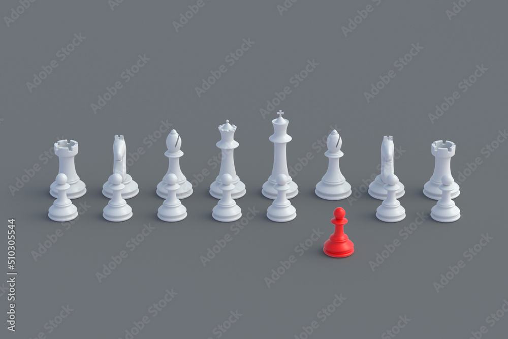 Set of chess figures and one red pawn on gray background. Table games. International tournament. Hobby and leisure. 3d render Set of chess figures and one red pawn on gray background. Table games. International tournament. Hobby and leisure. 3d render