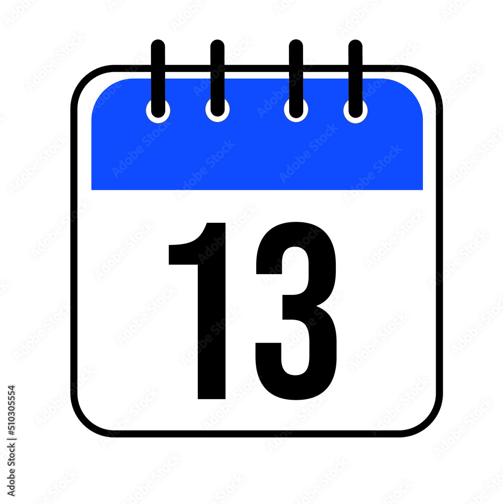 Calendar day 13. Number thirteen on a white paper with blue border isolated on white background. Vector ilustration. Calendar day 13. Number thirteen on a white paper with blue border isolated on white background. Vector ilustration.