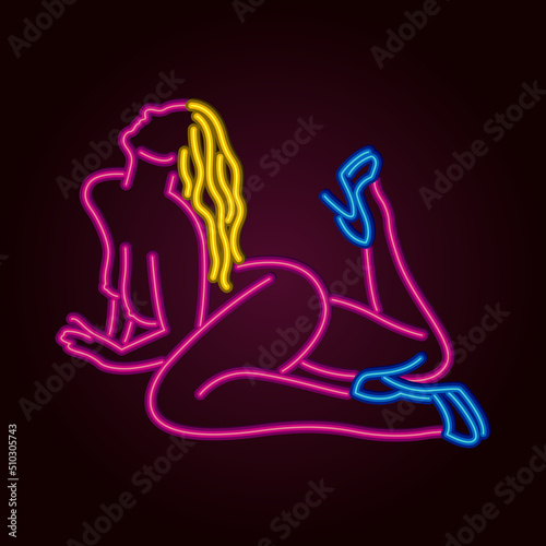 Neon sign girl woman. Pop style, illumination glow effect. Retro template signboard for night club, store, posters, banners, cafe, bar, party, striptease, lap dancing.