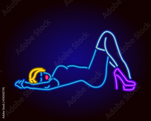  Neon sign girl woman. Pop style, illumination glow effect. Retro template signboard for night club, store, posters, banners, cafe, bar, party, striptease, lap dancing.