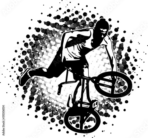 BMX stunt bicyclists silhouette over halftone splash background - vector artwork