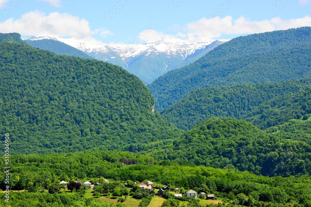 Kodori gorge, Abkhazia. Mountain peak with snow
