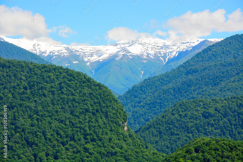 Kodori gorge, Abkhazia. Mountain peak with snow