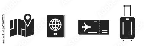 travel icon set. passport, map, travel bag and flight ticket. vacation and tourism symbols. isolated vector images