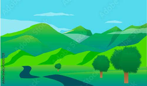 summer landscape of green fields and mountains with grass, trees, white clouds and blue sky. background vector illustration.