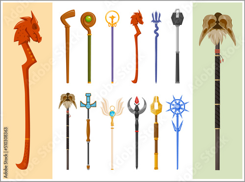 A collection of fantasy rod and staff weapon icons