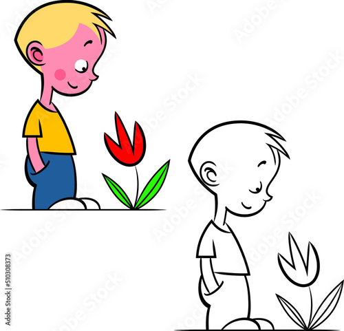 Boy and flower. An image of a little kid looking at a beautiful flower. Comic, cartoon.