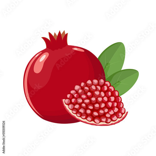 Pomegranate, whole with leaves and slice with grains, flat style vector illustration isolated on white background
