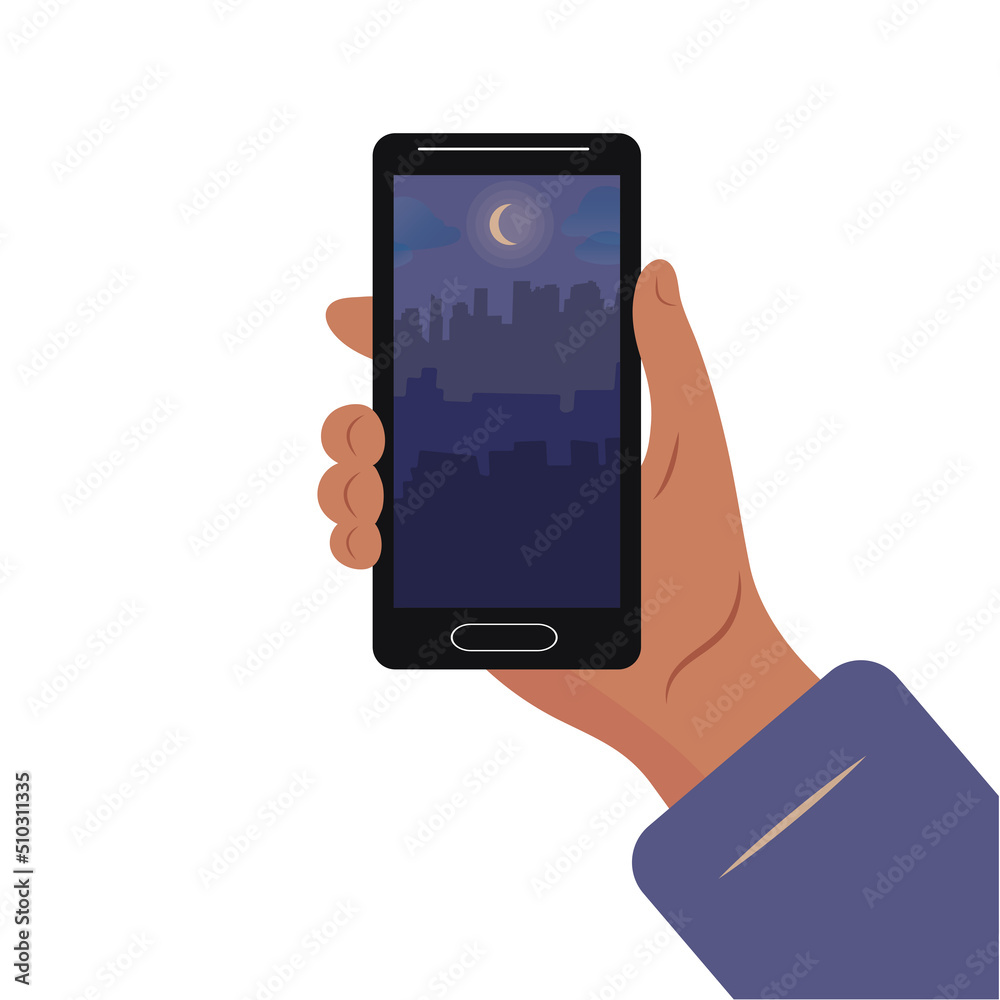 Mobile phone in a man s hand. Watching a movie. Vector flat illustration. Mobile phone in a man s hand. Watching a movie. Vector flat illustration.