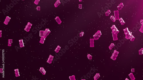 Slow Motion. Seamless Loop Background. Gummy Bears Candy. Pink jelly candy bears falling on dark pink background. Gummy Bears 4K, Ultra HD resolution stock footage
