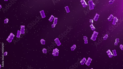 Slow Motion. Seamless Loop Background. Gummy Bears Candy. Purple jelly candy bears falling on dark purple background. Gummy Bears 4K, Ultra HD resolution stock footage