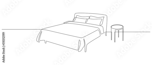 Continuous one line drawing of double bed and table. Scandinavian stylish furniture for cozy loft bedroom in simple linear style. Editable stroke. Doodle vector illustration