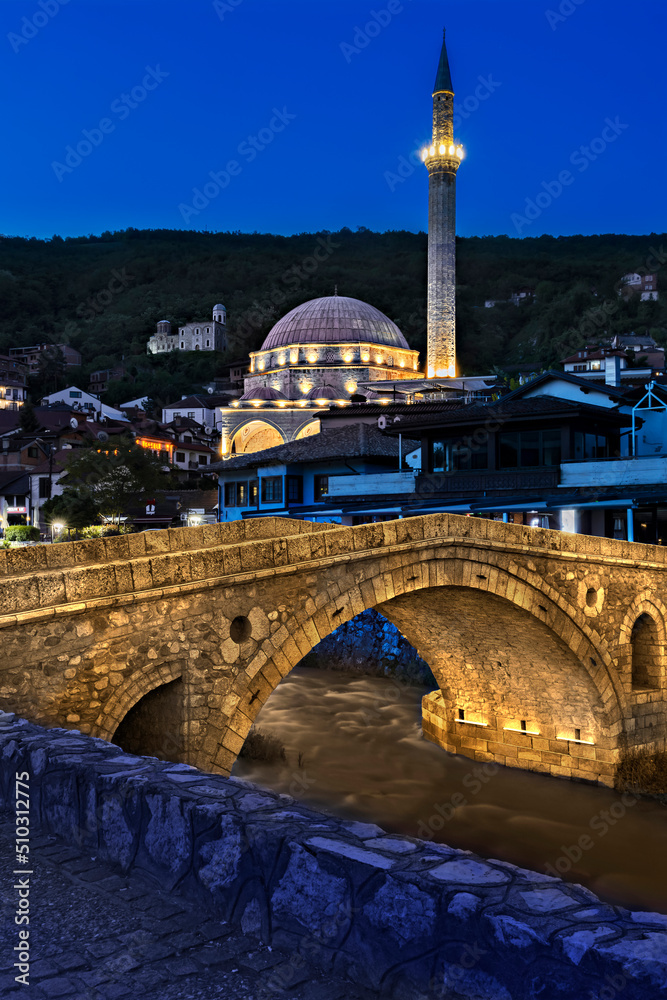 Old stone bridge from Ottoman era and Sinan Pasha Mosque, in Prizren, Kosovo