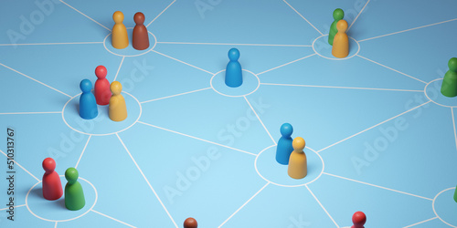 Fototapeta Naklejka Na Ścianę i Meble -  Colorful wooden pawns on interconnected circles. Concept of interrelationships. 3d illustration.