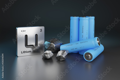 Lithium - ion batteries , metallic lithium and element symbol. 3d illustration. photo