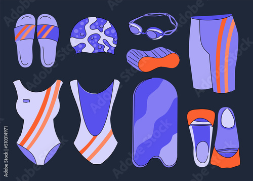 Various Sport equipment. Swimming inventory and accessories. Rubber slippers and swimming cap , goggles, swimming suits, flippers, board. Healthy lifestyle concept. Hand drawn Vector set