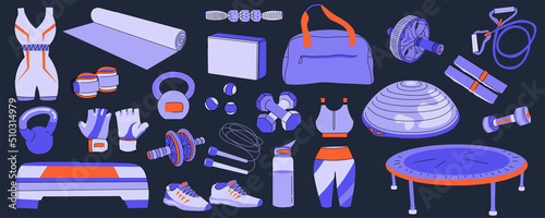 Various Sport equipment. Fitness inventory, gym accessories. Dumbbells, step platform, trampoline, sport bag, shoes, mat, boxing gloves, sport wear. Healthy lifestyle concept. Hand drawn Vector set.