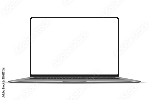 Realistic Darkgrey Notebook with Transparent Screen Isolated. New Laptop. Open Display. Can Use for Project, Presentation. Blank Device Mock Up. Separate Groups and Layers. Easily Editable Vector. PNG
