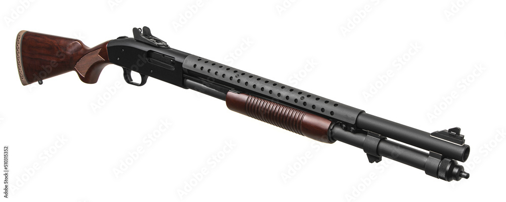 Modern pump-action shotgun with a wooden butt and fore-end isolate on a white back. Weapons for sports and self-defense. Armament of police, army and special units.