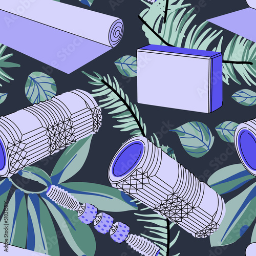 Myofascial release massage therapy seamless pattern on tropical leaves background. Foam roller, massage stick, block. Workout and exercise concept.