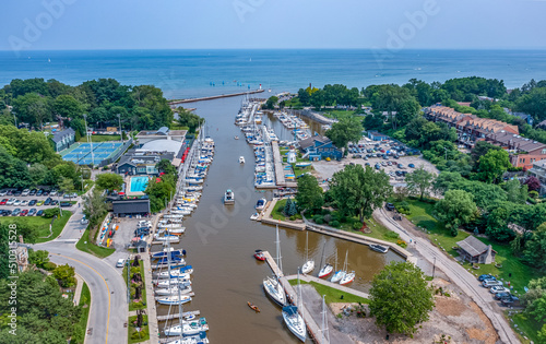 Obraz na płótnie Aerial view of Bronte harbour of Oakville, Ontario and Lake Ontario during a sunny, summer day