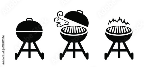 Cartoon bbq and sausage, bratwurst and burgers. Vector barbecuing withe fire flame, food icon or pictogram. BBQ Grill tools symbol. Menu concept of unhealthy lifestyle. BBQ time and party