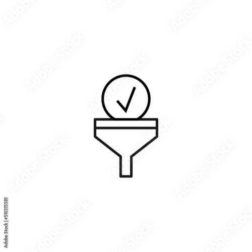 Filtration concept. Vector sign drawn with black lines. Modern symbol in flat style suitable for adverts, books, articles, web sites, apps. Line icon of checkmark inside of funnel or vortex