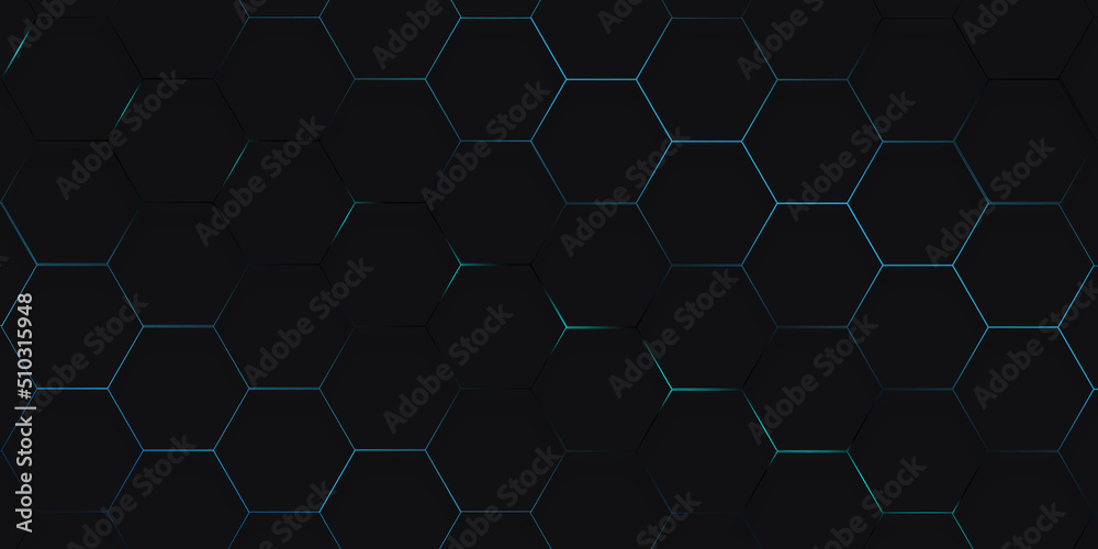 Dark blue hexagonal technology abstract background. Blue bright energy flashes under hexagon in modern technology futuristic background illustration. Dark blue honeycomb texture grid