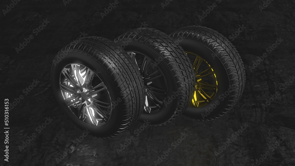 Set of chrome, gold and glossy black wheels and tires on wet dark concrete. Car service and autimobile diagnostics. 360 rotating wireframe model. Chrome, gold and glossy black car rims collection