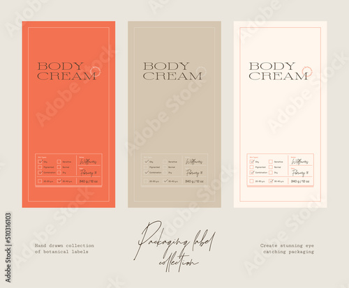 Hand drawn botanical line art vector cosmetics printable label design template