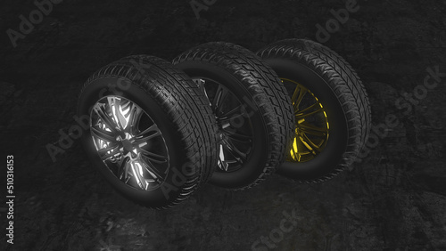 Set of chrome, gold and glossy black wheels and tires on wet dark concrete. Car service and autimobile diagnostics. 360 rotating wireframe model. Chrome, gold and glossy black car rims collection